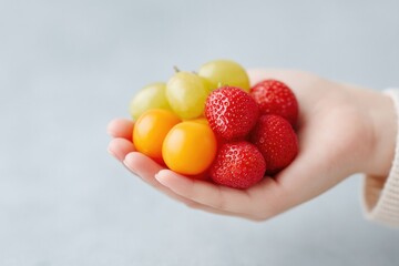Poster - close-up of child hand holding colorful assortment of healthy snacks on minimalist light background