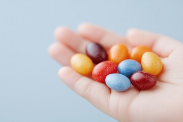 Poster - close-up of child hand holding colorful assortment of healthy snacks on minimalist light background