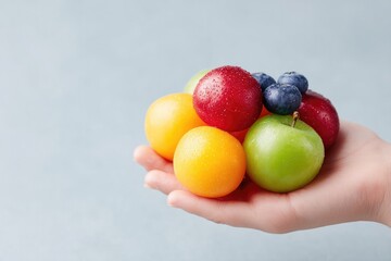 Poster - close-up of child hand holding colorful assortment of healthy snacks on minimalist light background