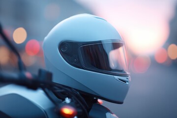 Poster - close-up of motorbike helmet placed on handlebar focused on details