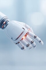 Poster - close-up of robotic hand interacting with human hand symbolic of robotics integration in society