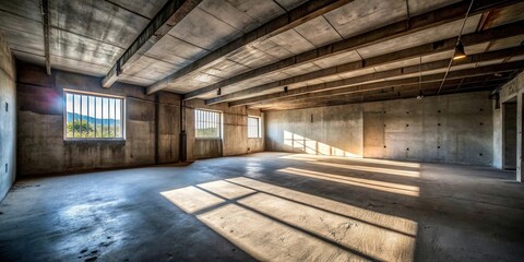 Poster - Sunlight streams through the windows of a large, empty industrial space, casting long shadows across the rough concrete floor.