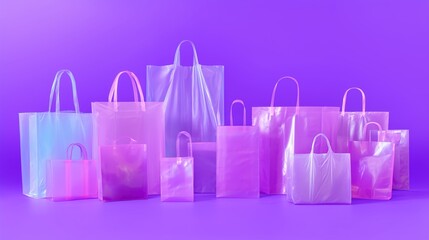 Poster - Colorful translucent bags arranged artistically on a vibrant purple background showcasing modern packaging design