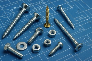 Poster - Screws, Nuts, and Washers Displayed on a Blueprint Background Highlighting Industrial Design and Assembly Workshop Tools