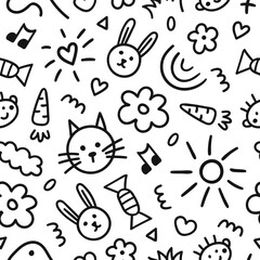 Poster - Seamless pattern of cute kids elements. Hand drawn  fun childish print. Vector line illustration
