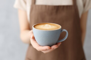 Poster - minimalistic portrait of barista focused on crafting latte against backdrop of neutral tones