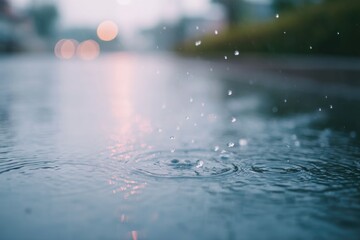 Poster - raindrops ripple in puddle on empty street creating minimalistic scene