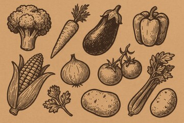 Aufkleber - Collection of Fresh Vegetables Displayed Against a Brown Background in a Rustic Style