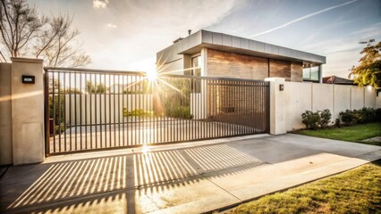 Poster - Sunrays illuminate the driveway and cast long shadows through a modern metal gate leading to a private residence.