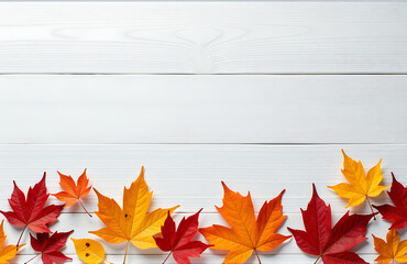 Poster - dry colorful autumn leaves scattered across light wooden surface create beautiful visually appealing