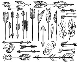Poster - a set of black hand-drawn arrows, frames, and plus signs are isolated on a white background in a sim