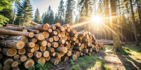 Aufkleber - A Stack of Cut Logs Bathed in the Golden Light of the Setting Sun in a Dense Forest