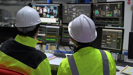 Engineer working at control room,Manager control system,Technician man monitoring program from a lot of monitor,Consultation on system failure issues