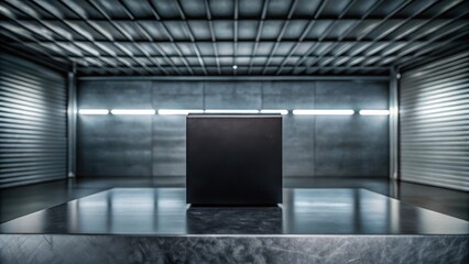 Poster - Minimalist Product Display with a Black Cube on a Polished Surface in an Industrial Setting