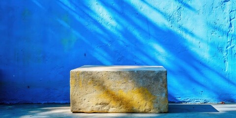 Aufkleber - A weathered stone block sits in front of a blue wall with a light blue cast of shadow that is cast by the sun.