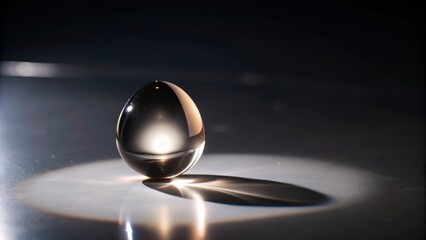 Aufkleber - A single, clear, glass egg rests on a white surface with its shadow extending across the surface, illuminated by a soft, focused light.