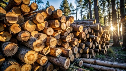Aufkleber - A stack of freshly cut logs bathed in the warm glow of the setting sun, surrounded by a tranquil forest.