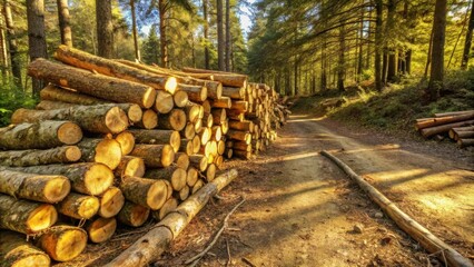 Aufkleber - A towering stack of felled logs basks in the warm afternoon sun, casting long shadows along the forest path.