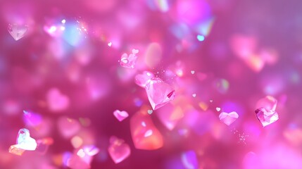 Poster - Heart-shaped crystals floating against a dreamy pink background filled with colorful bokeh lights
