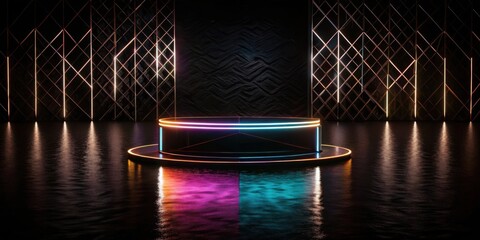 Poster - A circular podium with neon lights, reflecting on a dark, wet surface, set against a geometric backdrop