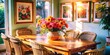 © parichart - A rustic wooden dining table is adorned with a vibrant floral arrangement, filling the room with a touch of nature's beauty and creating an inviting atmosphere.