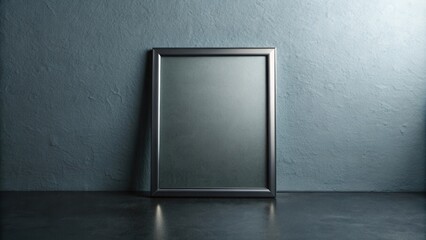 Leinwandbilder - A black frame sits on a black surface against a textured blue wall. It's a minimalist, sophisticated and modern composition, perfect for showcasing your designs and artwork.