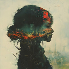 Fototapete - A woman's profile, a blend of inner city and outer space.