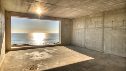 Aufkleber - A large rectangular window in a concrete room frames a view of the ocean with the sun reflecting on the waves.