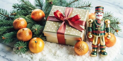 Aufkleber - A Christmas Gift Wrapped in Gold with a Red Bow Surrounded by Ornaments and a Nutcracker on a Snowy Surface