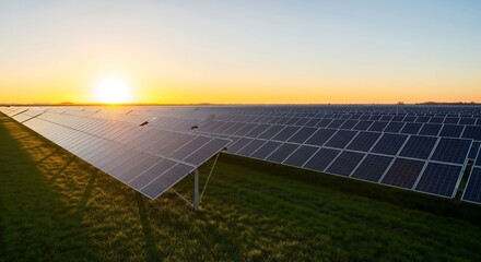 Vast Solar Panel Farm at Sunset Generating Clean Renewable Energy