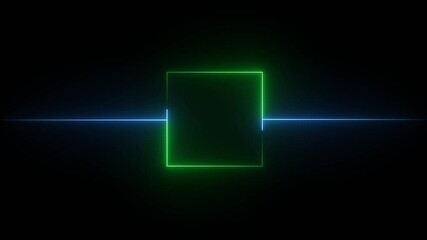 Abstract black background, blue color neon box with glowing neon lines on black background. Glowing Neon light frame rectangle loading icon background in 4k video animation.