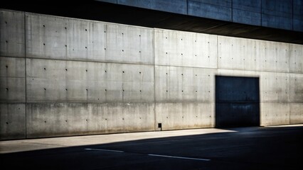 Poster - A minimalist concrete wall with a rectangular shadow cast from an overhead structure, creating a geometric composition in monochrome tones.