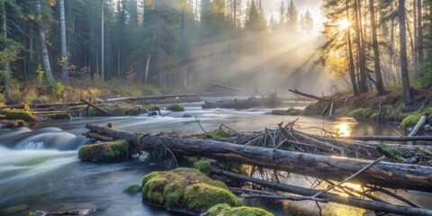 Aufkleber - Sunlight Filtering Through a Misty Forest, Illuminating a Tranquil Stream With Fallen Logs and Lush Greenery