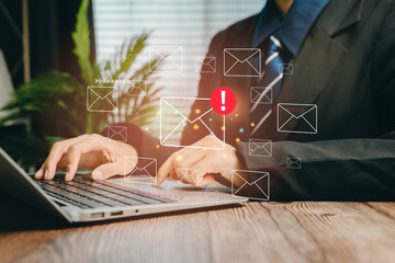 Poster - Business Person Using Laptop with Email Notifications and Alerts in Modern Office Environment, Business concept