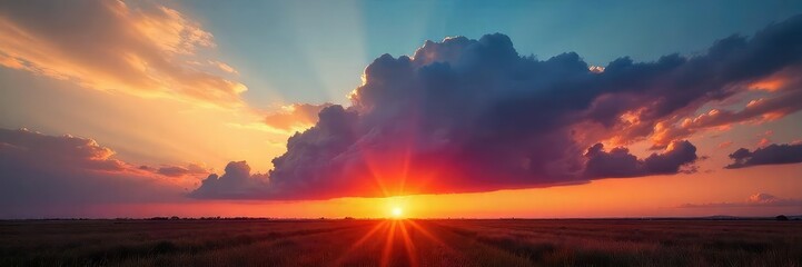 Wall Mural - Dramatic cloudscape illuminated by a vibrant sunset, casting long shadows across a field Perfect for weather, nature, and atmospheric imagery , color, countryside