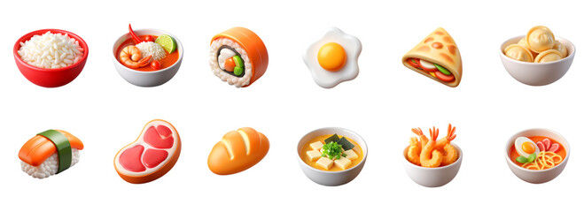 Big set of 3D Asian Food Icons – Glossy Minimal Emoji Style, Isolated PNG objects