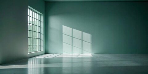 Aufkleber - A minimalist interior with a large window casting square shadows on the pale green wall and floor