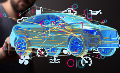 Poster - Innovative car diagnostics, futuristic auto tech, digital visualization.