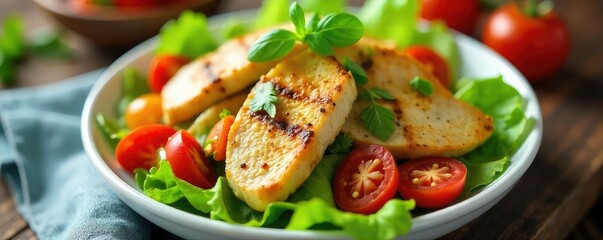 Wall Mural - A vibrant and healthy lunchtime salad with colorful vegetables, grilled chicken, and a light vinaigrette dressing, perfect for a quick and nutritious meal , cucumber, tasty, vinaigrette