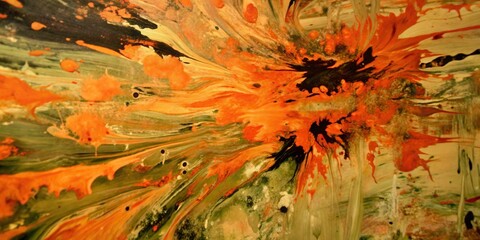 Poster - A swirling abstract painting with hues of orange, green, and black, creating a dynamic and vibrant composition.