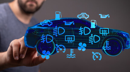 Poster - Digital car maintenance, diagnostics, and repair visualized. Modern technology.