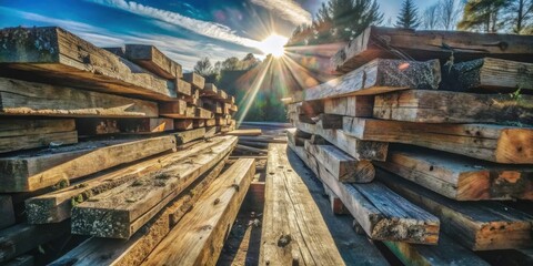 Aufkleber - Sunbeams Filtering Through a Stack of Weathered Wooden Planks, Creating a Dramatic and Textured Scene