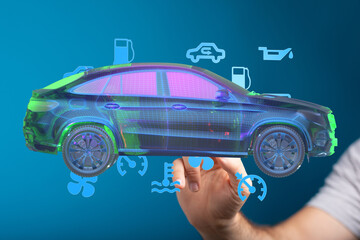 Poster - Modern car diagnostics,  repair, and maintenance visualized.  3D model.