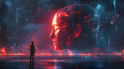 Fototapete - A person stands before a glowing digital face in a futuristic cityscape.