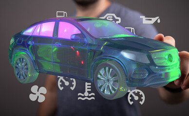 Poster - Futuristic image of a car hologram with digital warning lights and indicators.