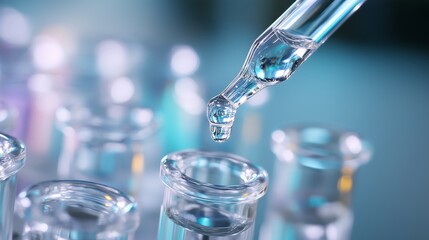 Poster - droplet of liquid falling from a pipette into a laboratory test tube during an experiment
