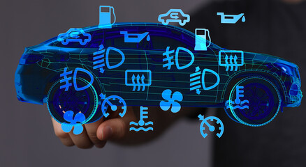 Poster - Stock photo of a digital car with illuminated warning lights and symbols.  Perfect for automotive, technology, and repair concepts.
