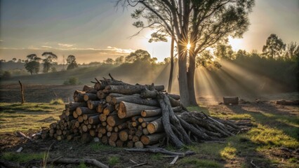 Poster - A large stack of cut logs rests beside a majestic tree, bathed in the golden light of the setting sun, casting long shadows on the verdant landscape.