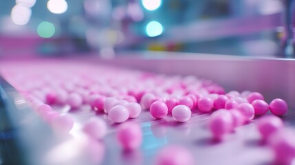 Poster - colorful pink balls move along a conveyor belt in a production facility during daylight hours