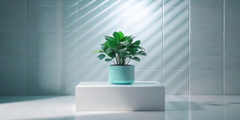 Poster - A potted plant with lush green leaves sits on a minimalist white pedestal against a backdrop of cool-toned tiles, bathed in the soft glow of light streaming through a window.